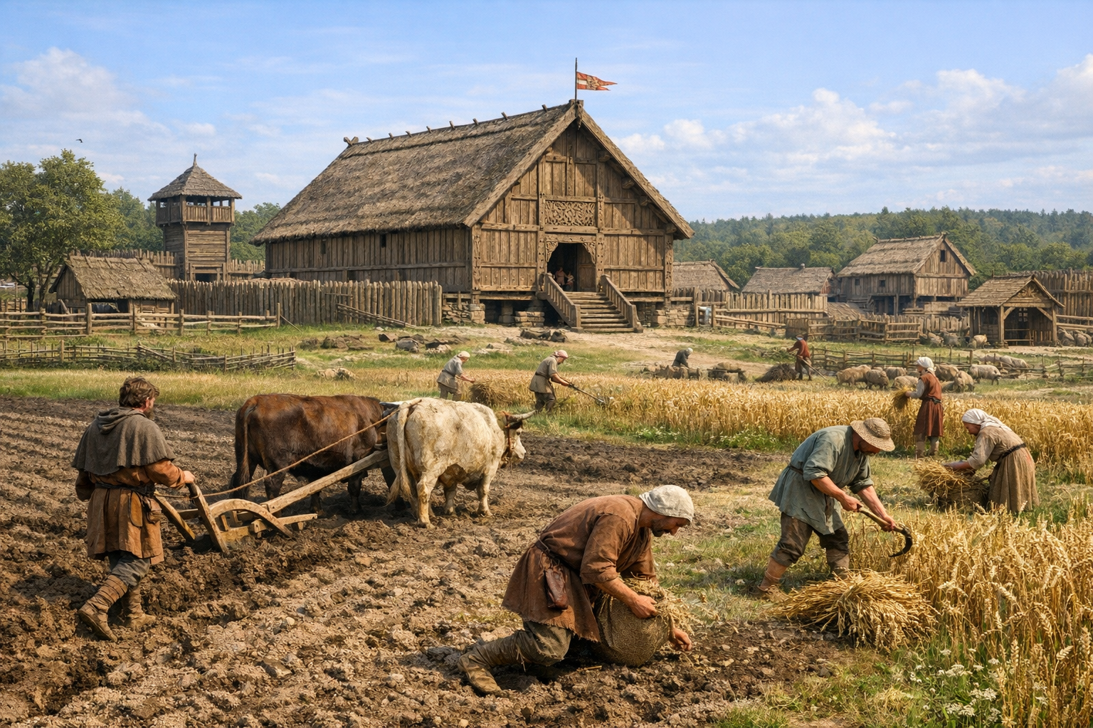 Illustration of the Anglo-Saxon manorial centre at Hewell, showing a wooden hall and demesne farming (1066).