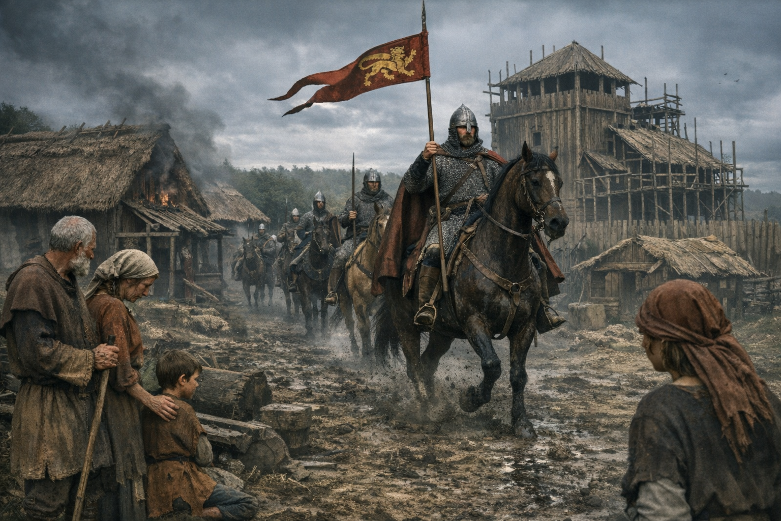 Illustration of Norman soldiers on horseback, representing the confiscation of Mercian lands after the Conquest (1071).